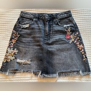 Abercrombie & Fitch Black Embroidered Distressed Denim Mini Skirt